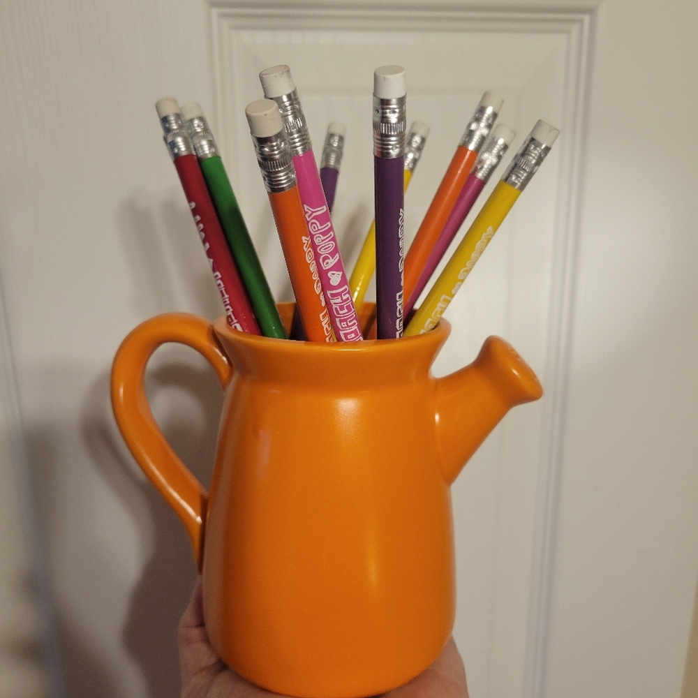 Vintage Orange Ceramic Pottery Vase Shaped Like Watering Can ~ Cute & Cheery - Picture 2 of 16